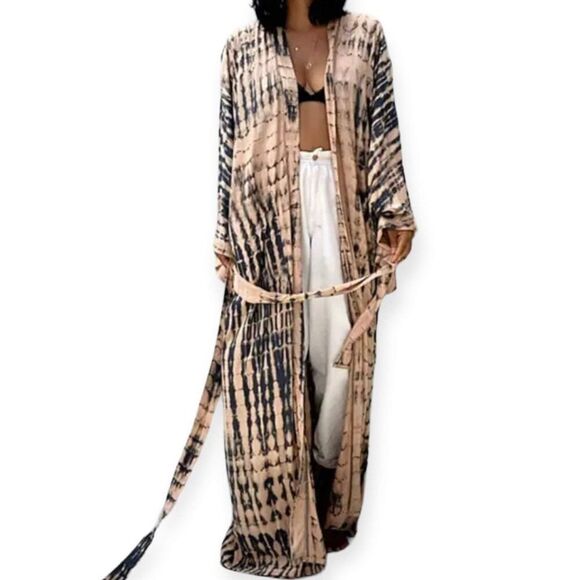 Black Bisque Tie Dye Cotton Boho Long Kimono Beach Cover Ups NEW - Picture 1 of 4